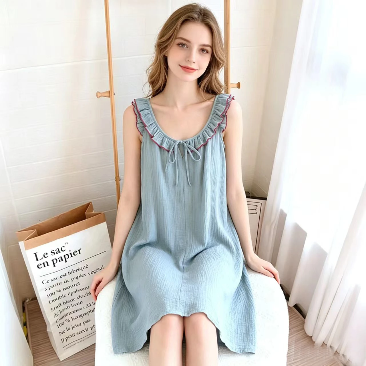 Summer New Solid Color Cotton Ruffle Edge Sleeveless Camisole Women's Nightgown Double-layer Gauze Long Nightdress Home Wear