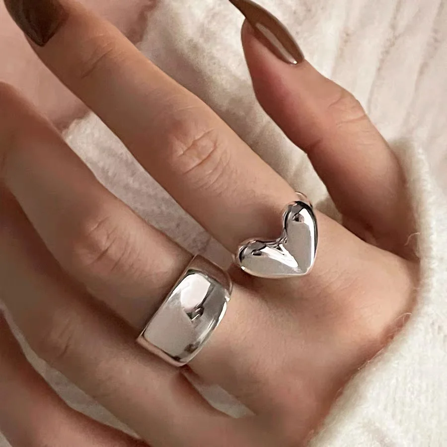 BF CLUB 925 Sterling Rings for Women Simple Heart Wide Fashion Geometric Vintage Handmade Irregular  Ring Party Gifts