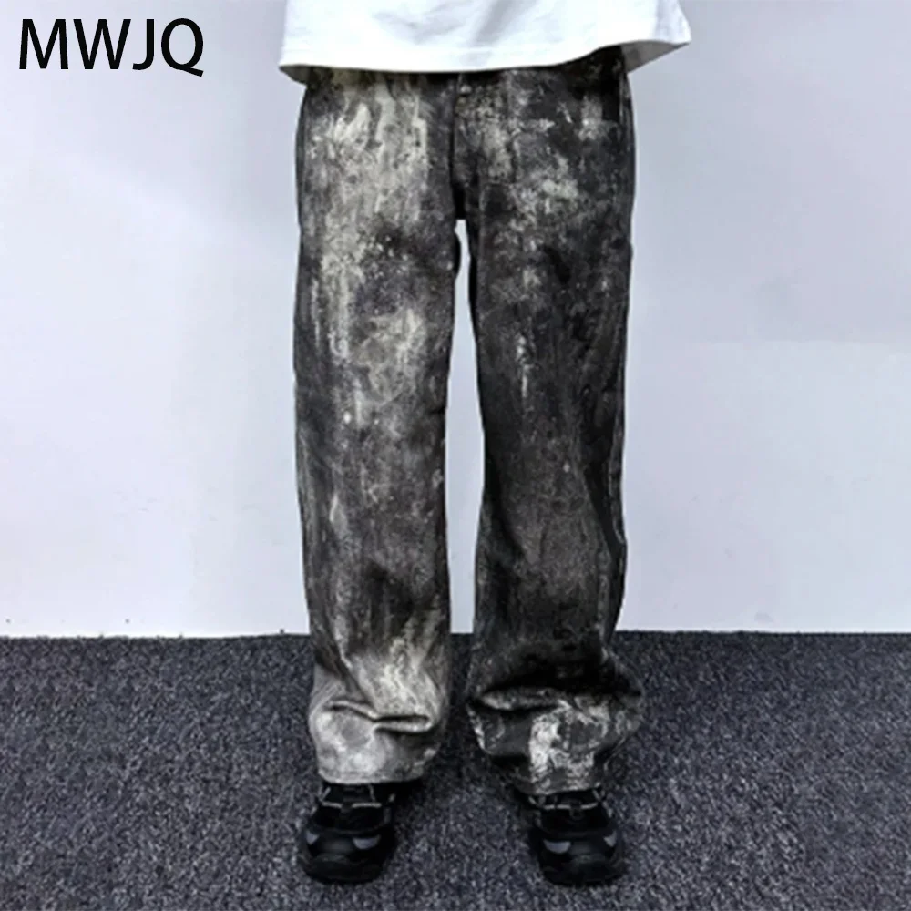 

MWJQ Splash-ink Contrast Color Men Jeans High Street American Washed Distress Retro Vibe Style Loose Straight Pants Tide 010360