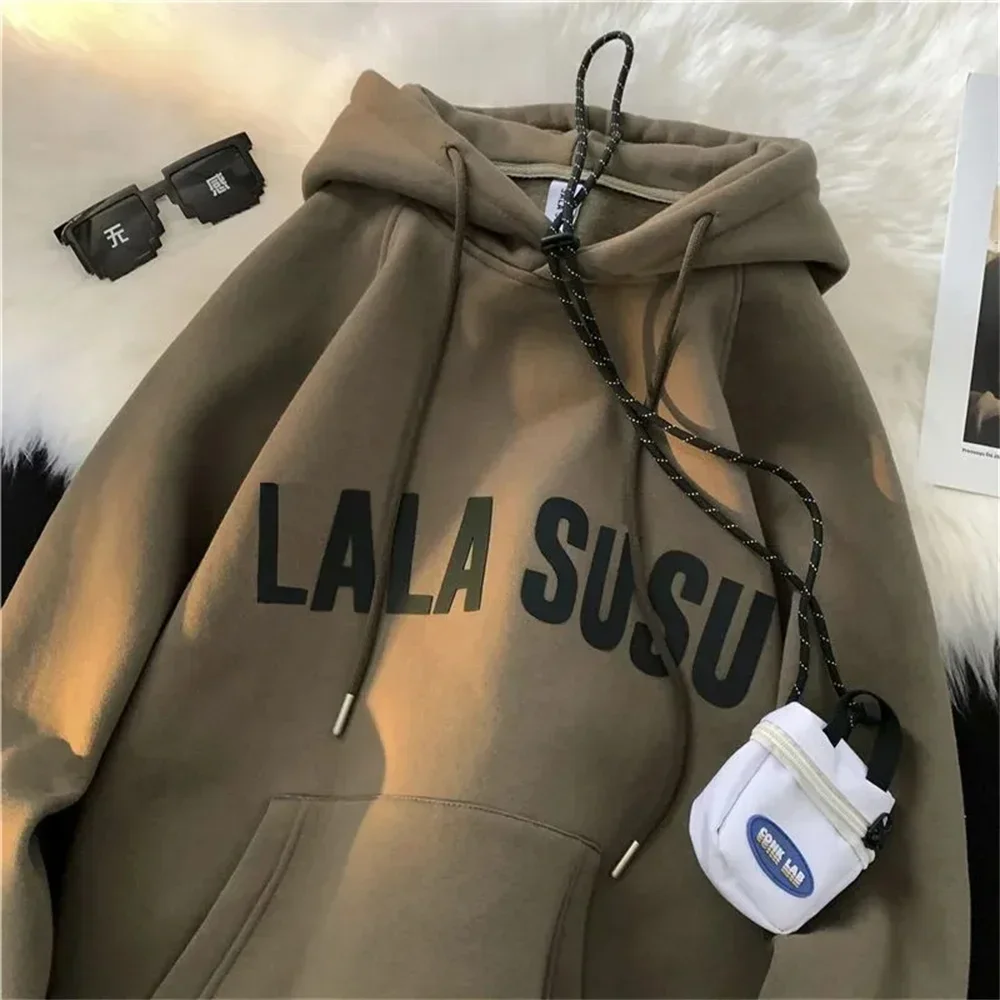 Harajuku Hong Kong Style Spring Autumn Men's Hoodies Chic Academy Style Plush Hooded Hoodies Unisex Loose Women Sweatshiirt Coat