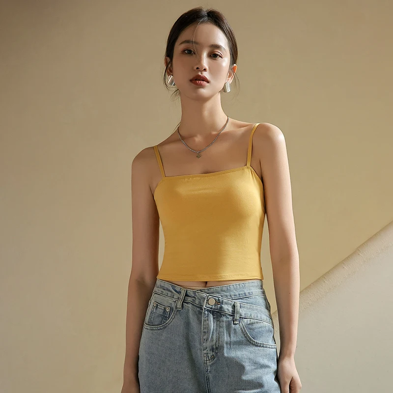 Women Basic Solid T Shirt Cotton Tank Tops With Chest Pad Slim Spaghetti Camisole With Bras Home Daily Wear Tops Sport Yoga Vest
