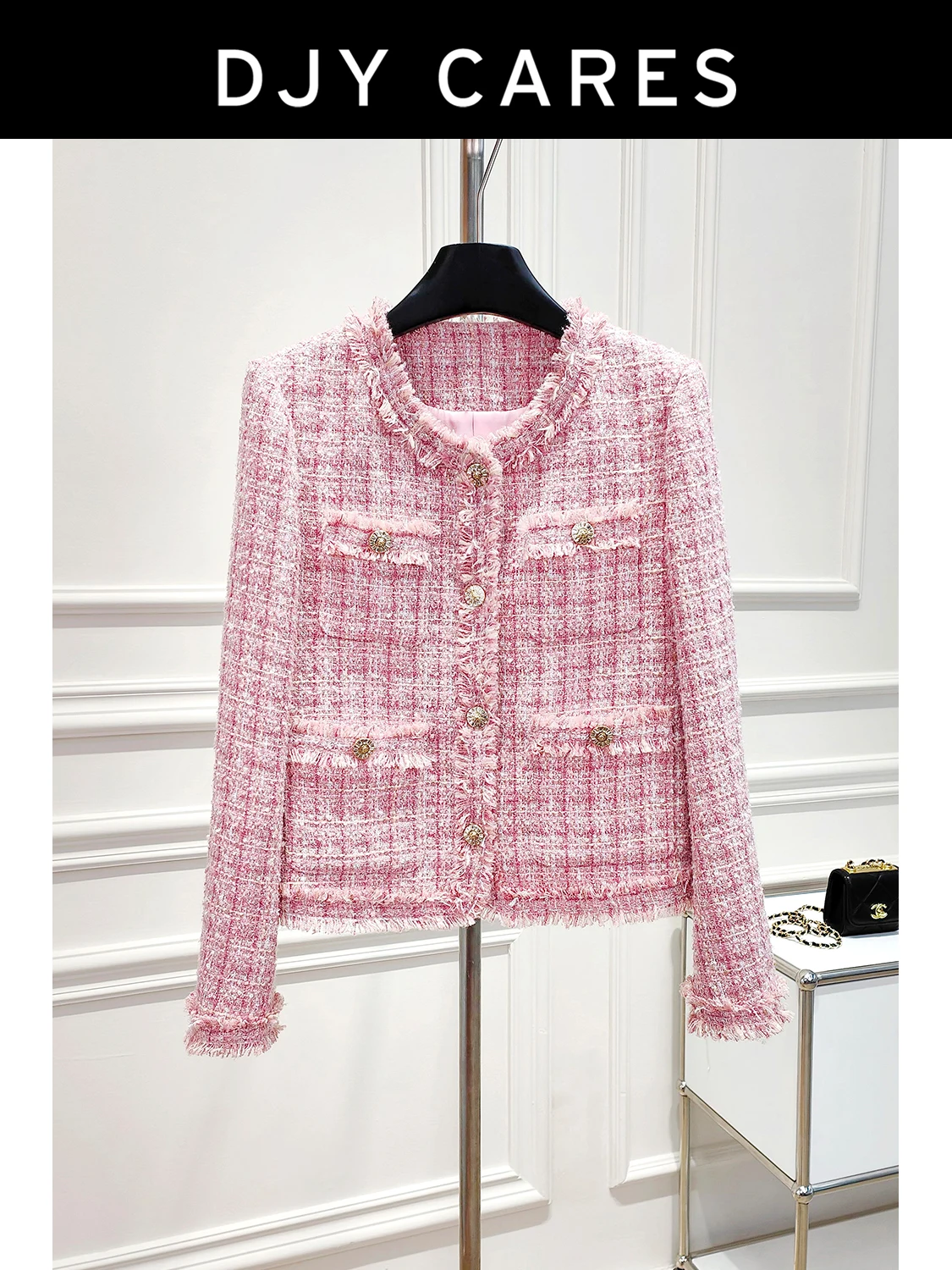 

New Rough tweed pink handmade tassel elegant pocket jacket top big size