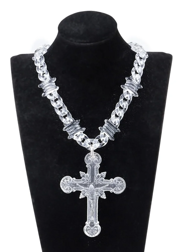 Ins New Trend Hip Hop Transparent Thorn Chain Punk Cool Girl Party Jewelry Resin Pendant Holy Jesus Cross Acrylic Necklace Man