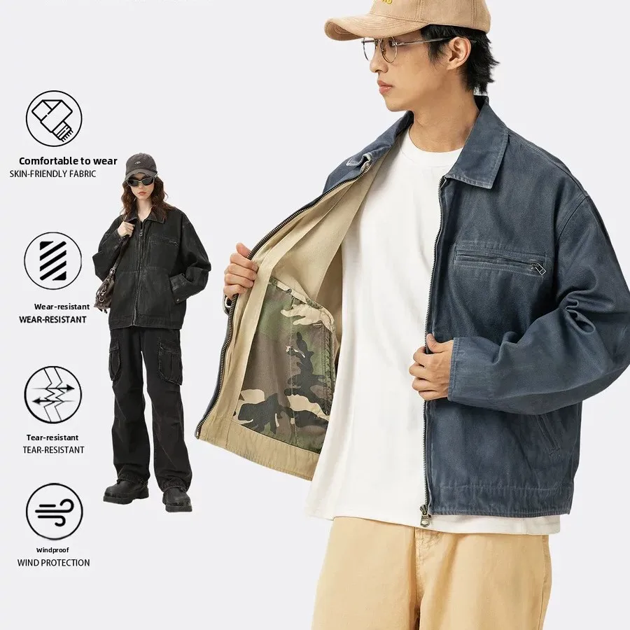 

Ретро-куртка в американском и японском стиле из плотного хлопка, мужская повседневная куртка с воротником-стойкой, свободный крой в уличном стиле