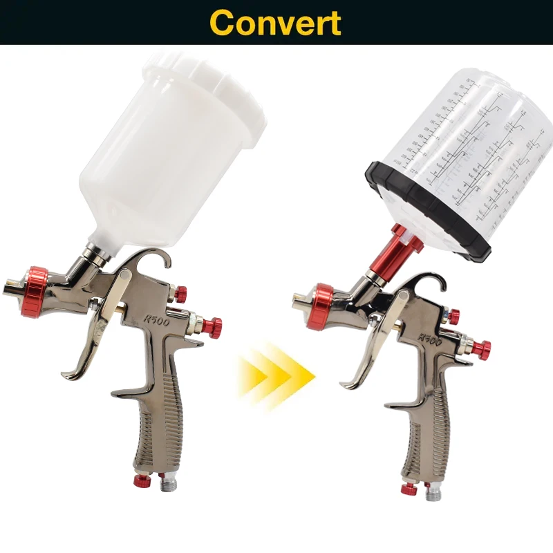 Il kit pistola a spruzzo R500 include pistola a spruzzo R500 LVLP da 1,3 mm con dieci tazze usa e getta senza puliti e filtro a manometro con adattatore