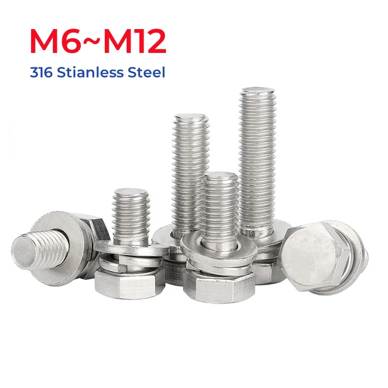 

M6 M8 M10 M12 316 Stianless Steel External Hex Hexagon Head Screws Flat Washer Spring Split Elastic Gasket Assemble Bolts