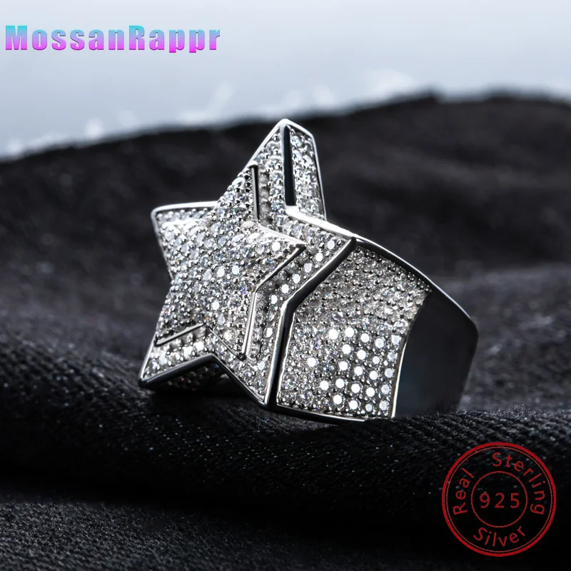 

MossanRappr 5.1cttw Luxury Moissanite Pentagram Iced out Hip Hop Ring 925 Sterling Silver Heavy Metal Fashion Jewelry for Men