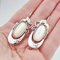 Vintage Silver Color Oval Inlaid with White Stone Women Earrings Classic Unique Metal Die Cast Pattern Dangle Earrings