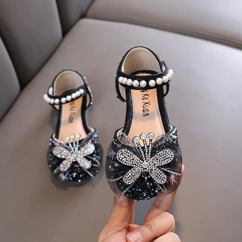 Baby Girl Shoes Fashion Non-slip Pink Princess Pearl Wedding Dance Sandals Leather Shoes Elegant Glitter Flat Shoes for Children