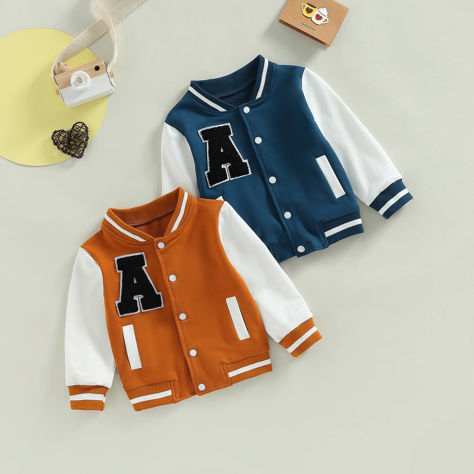 Kids Baseball Jackets for Boys Girls Outwear Letter Pattern Contrast Color Long Sleeve Buttons Coat Spring Fall Children Clothes