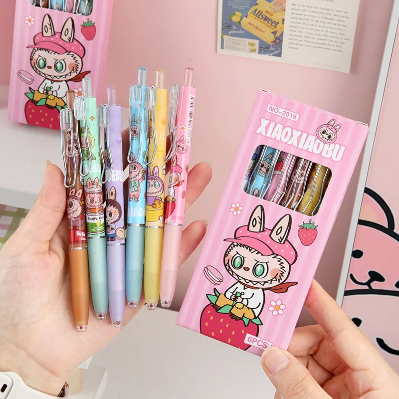 Labubu Paste Acrylic Neutral Pen 6pcs Kawaii Press Signature Pen Cartoon Student Stationery 0.5mm Blue Writing Tool