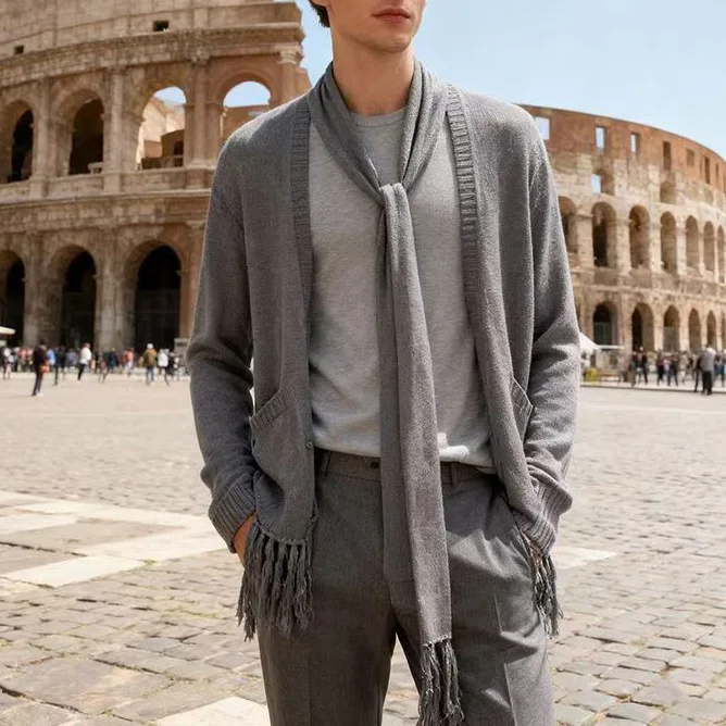 Large Size Men's Scarf Men's Sweater Cardigan Solid Color Long-sleeved Top Shirt Fringed Knitted Sweater Jacket