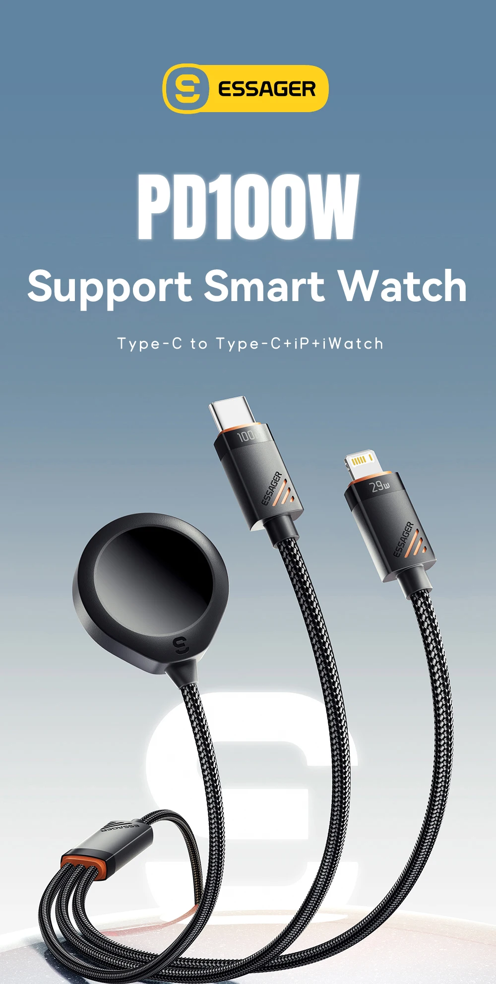 Essager 3-in-1 100 W Multi-USB-C-Ladekabel für Apple iWatch iPhone 16/15/14/13 Pro mit Typ-C-Lightning-Schnellladekabel – Detail 1