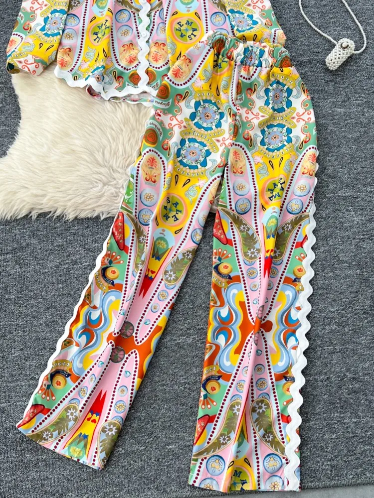 Elegant and Chic Print Women Two Pieces Set Autumn Vintage Shirts Tops Wide-Leg Pants Outfits Female Boho Holiday Trousers Suits