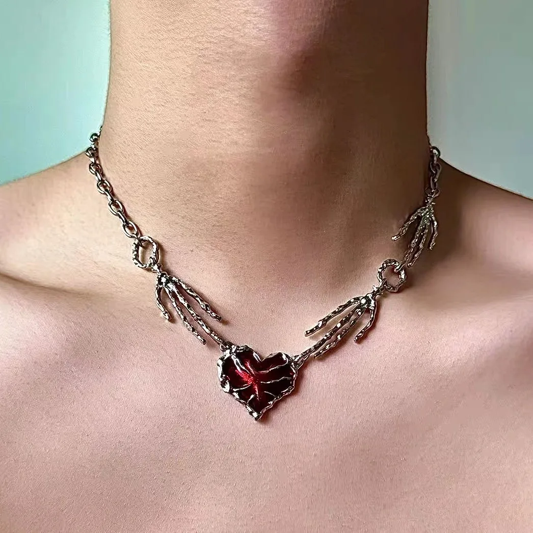 

Punk Creativity Goth Red Color Love Heart Necklace Female Hip Hop Accessories All-match Personality Clavicle Chain Charm Jewerly