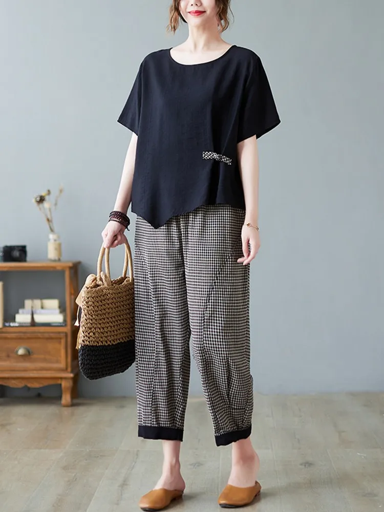 2 Piece Sets Women Casual T-shirt And Ankle-length Pants New Arrival 2023 Summer Vintage Style Loose Female Pant Suits B2521