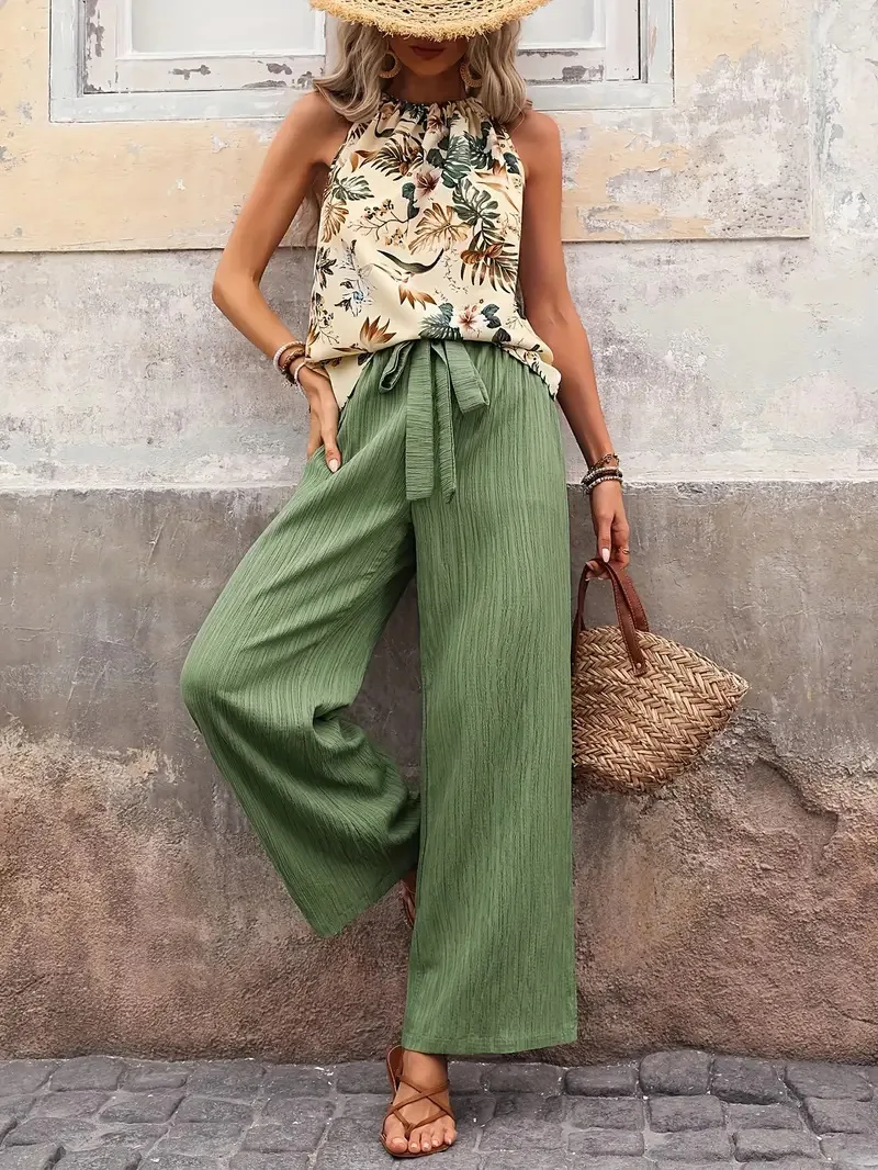 

Fashion Printed Off-shoulder Lace-up Sleeveless Top Wide-leg Pants Sets Women Summer Top Wide-leg Pants Sets For Women 2025
