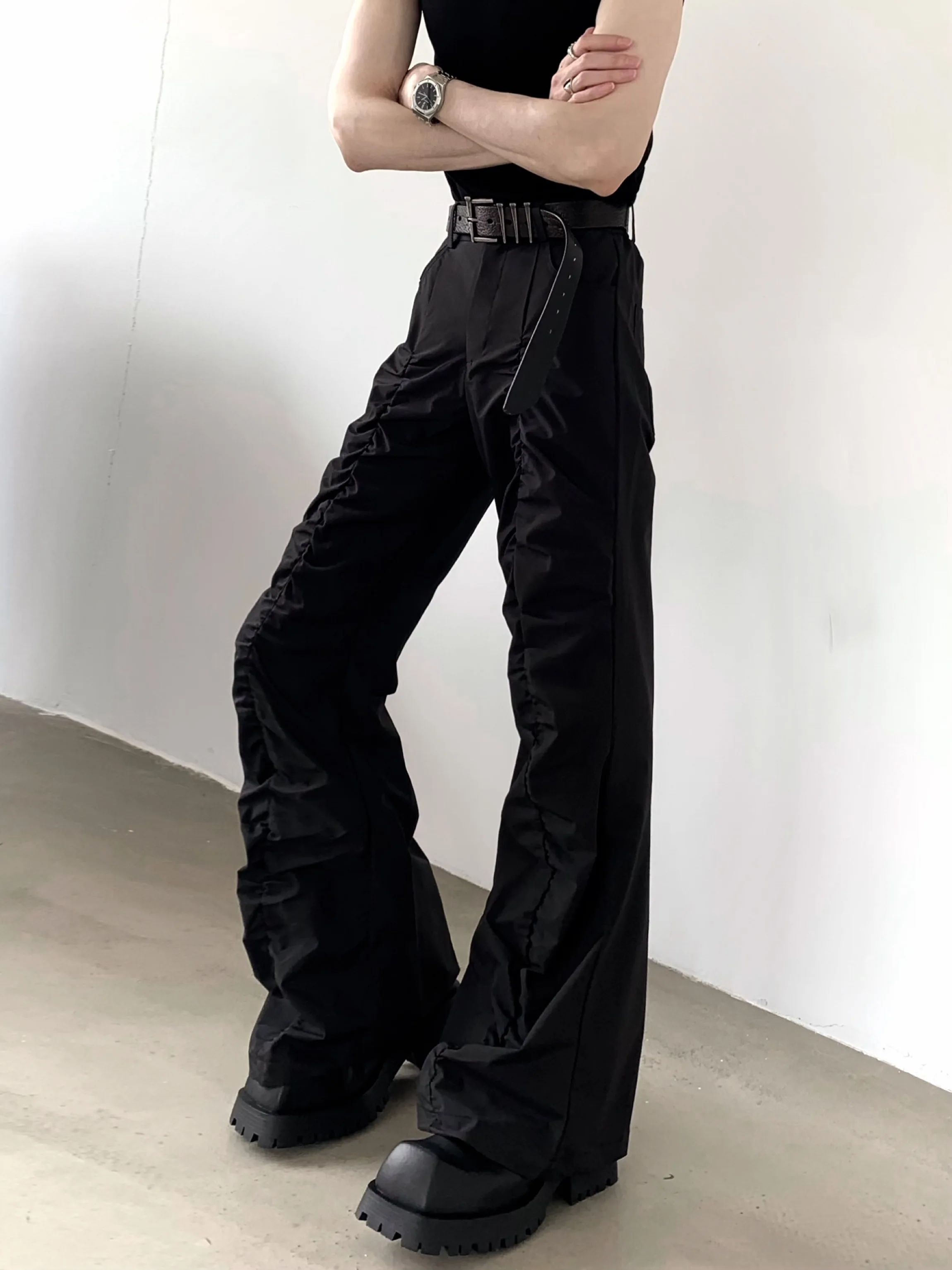 High Waist Pleated Men's Casual Pants Asymmetrical Hem Street Style Vibe Flared Legs Dark Style Polyester Blend Youth Fashion