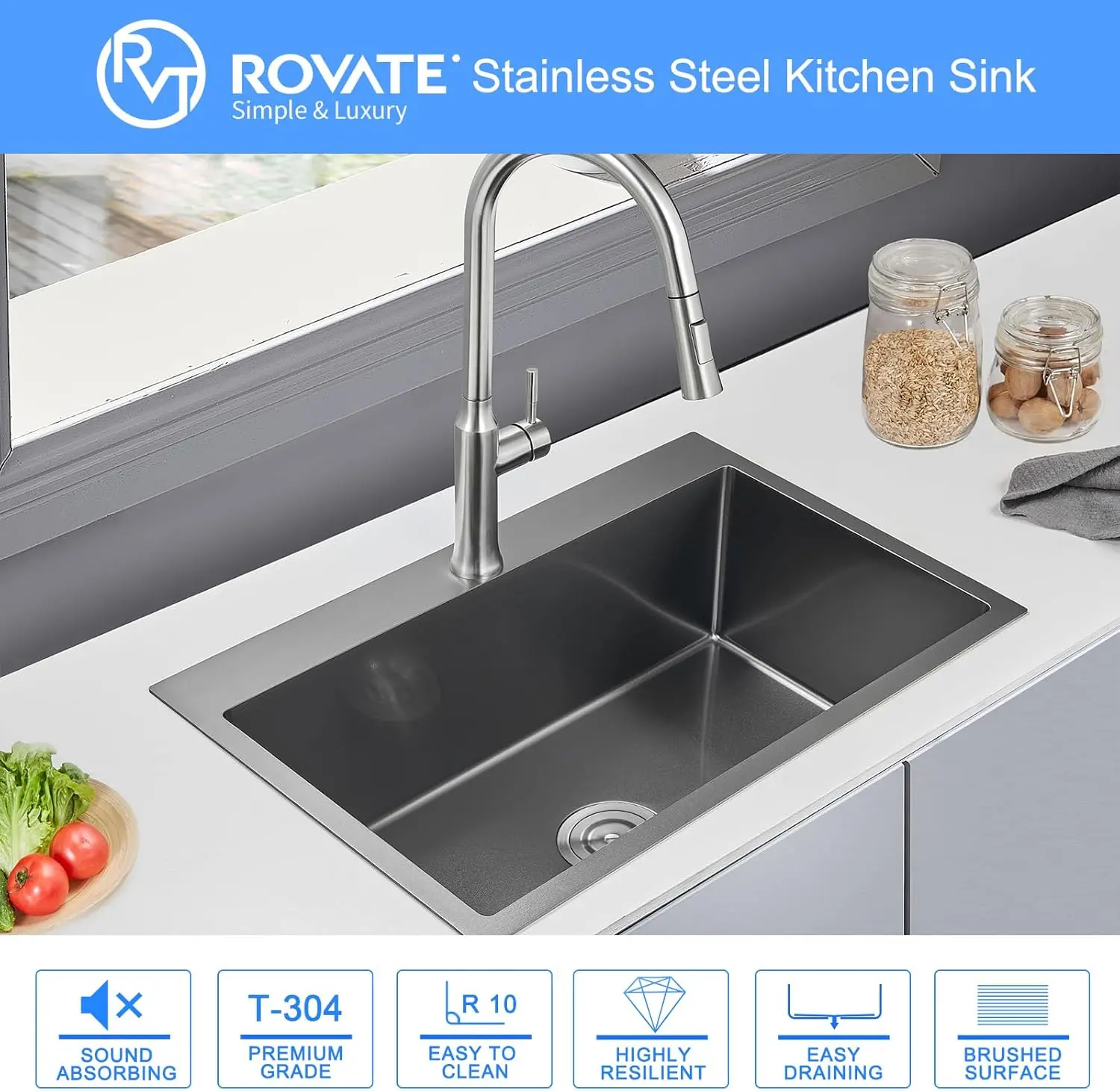 ROVATE Kitchen Sink 28×20 Inch Drop In 18 Gauge Handmade SUS 304 Top mount Stainless Steel 9 Inch Deep Single Bowl Black