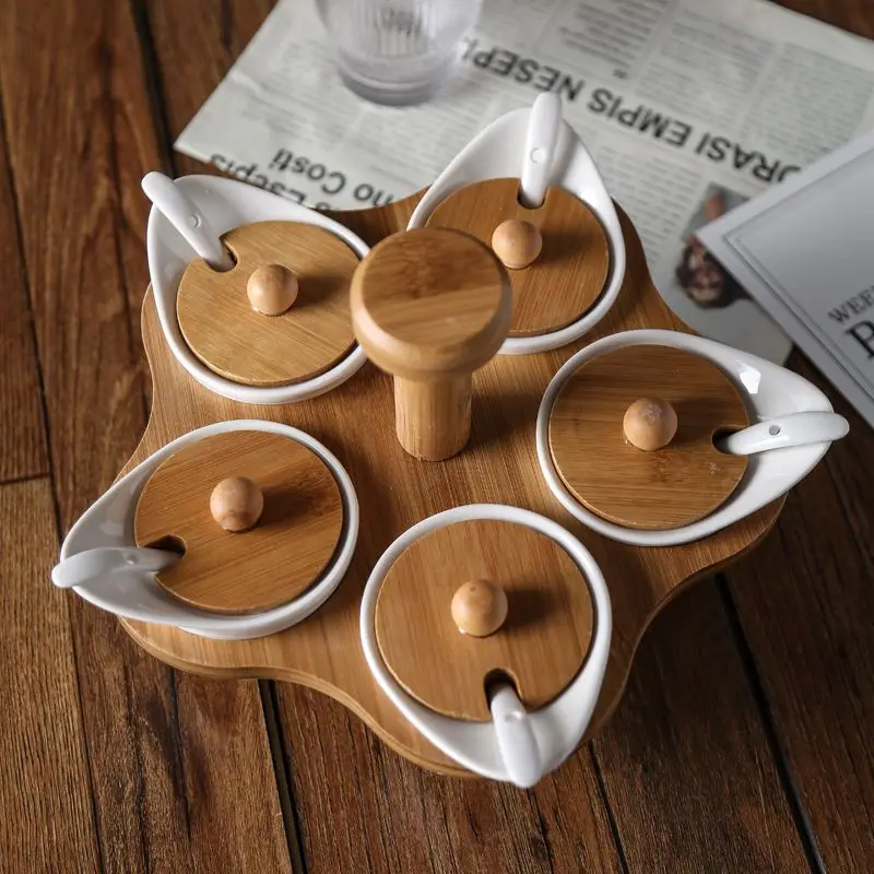 

Ceramic Spice Jar Set with Rack, Multi-Grid Rotating Seasoning Box, Salt Sugar Container, Kitchen Condiment Organizer