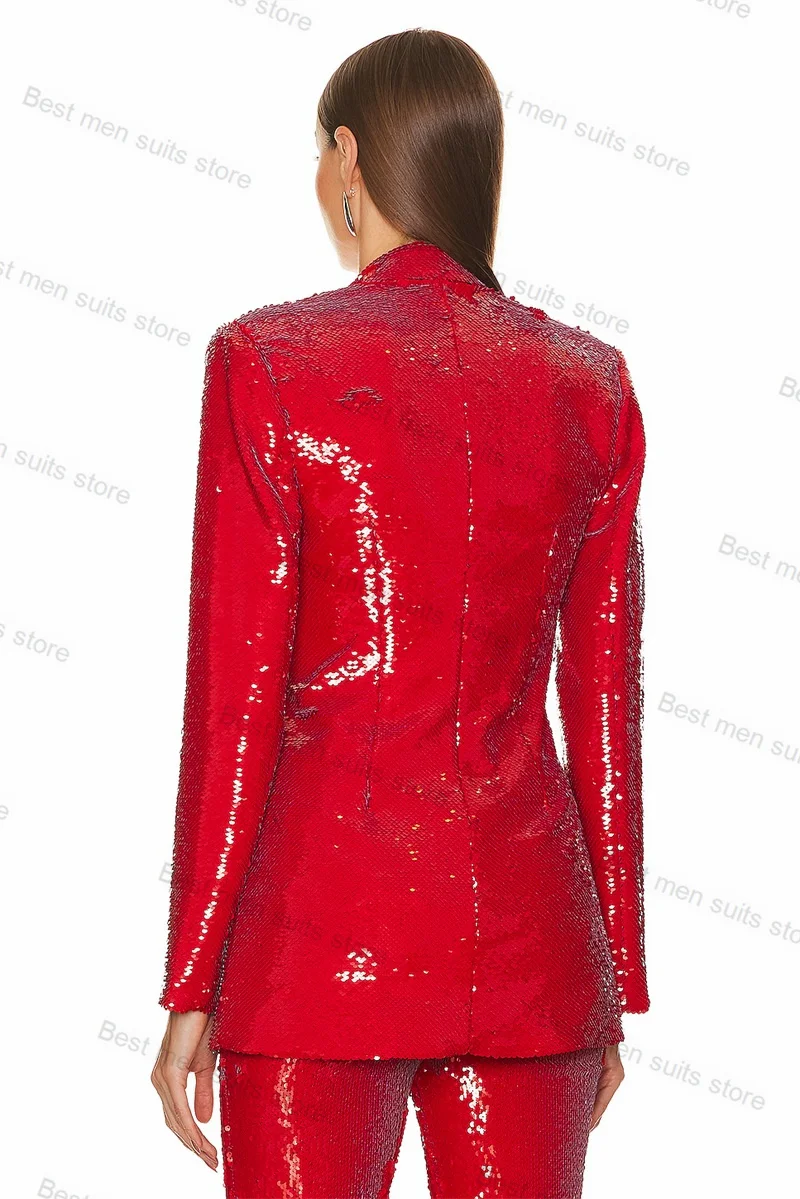 Red Sequins Women Suit Set 2 Piece Blazer+Pants Luxury Shiny Jacket Wedding Tuxedo Autumn Sexy V Neck Prom Coat Custom Made