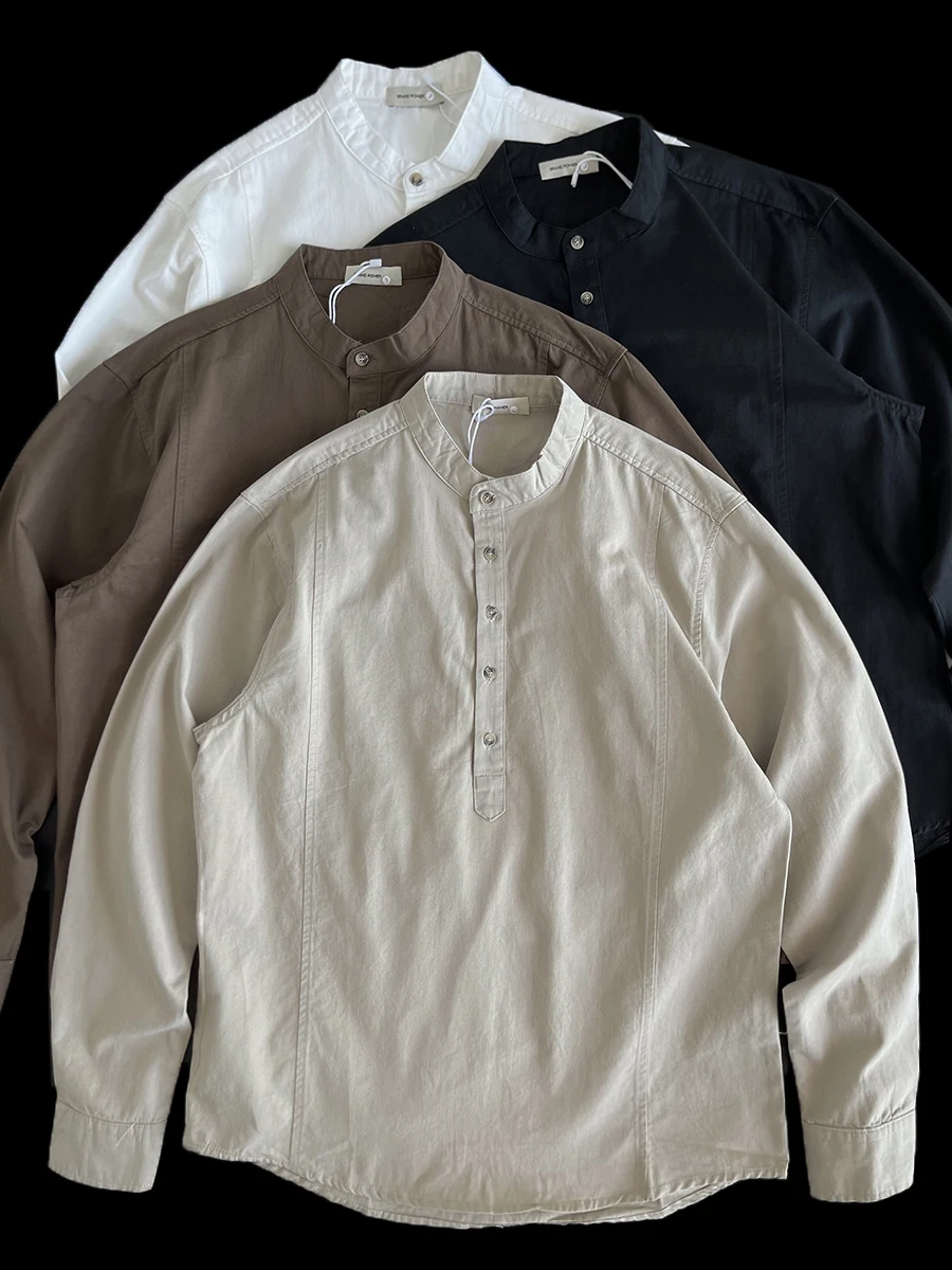 

Heavyweight Cotton Long Sleeve Casual Shirt Henry Collar Men's Fashion Retro Style Breathable Comfortable Wear Autumn New