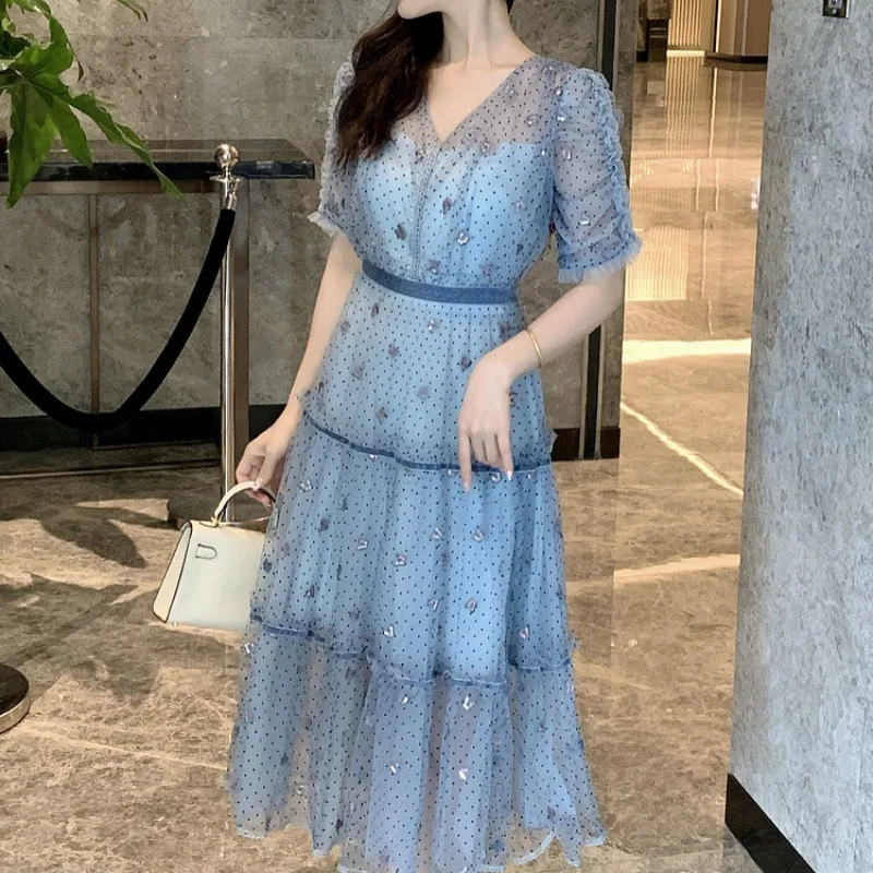 Sequin Butterfly Embroidery Women Dress Elegant V-neck Short Sleeve Blue Mesh Dresses Bodycon Summer Holiday Party Vestidos