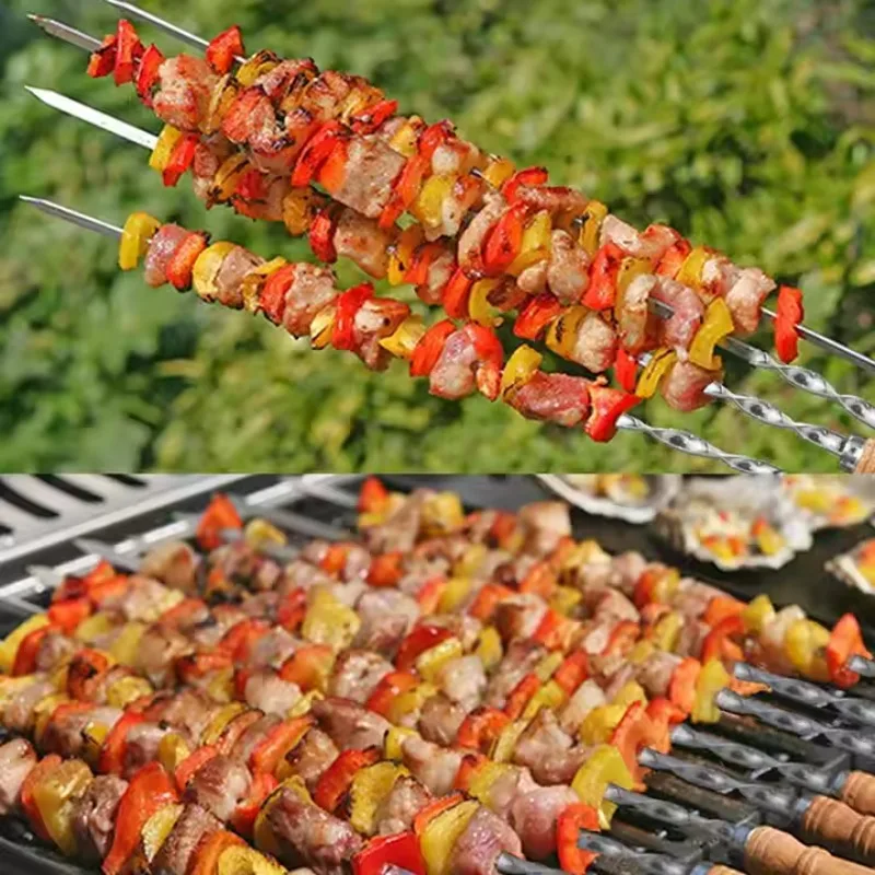 6PCS BBQ Skewer Stainless Steel Shish Kebab BBQ Fork Set Long Flat Wood Handle Barbecue Needle Meat Grill Outdoor Tools