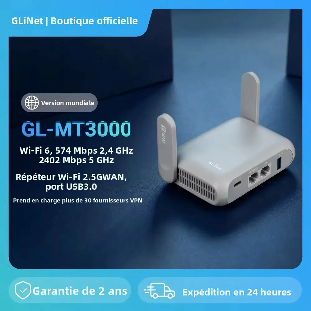 Routeur Wi-Fi 6 Gigabit sans fil de voyage GL.iNet GL-MT3000 (Beryl AX), connectivité Wi-Fi public et hôtelier, Captive Portal, Cybersécurité