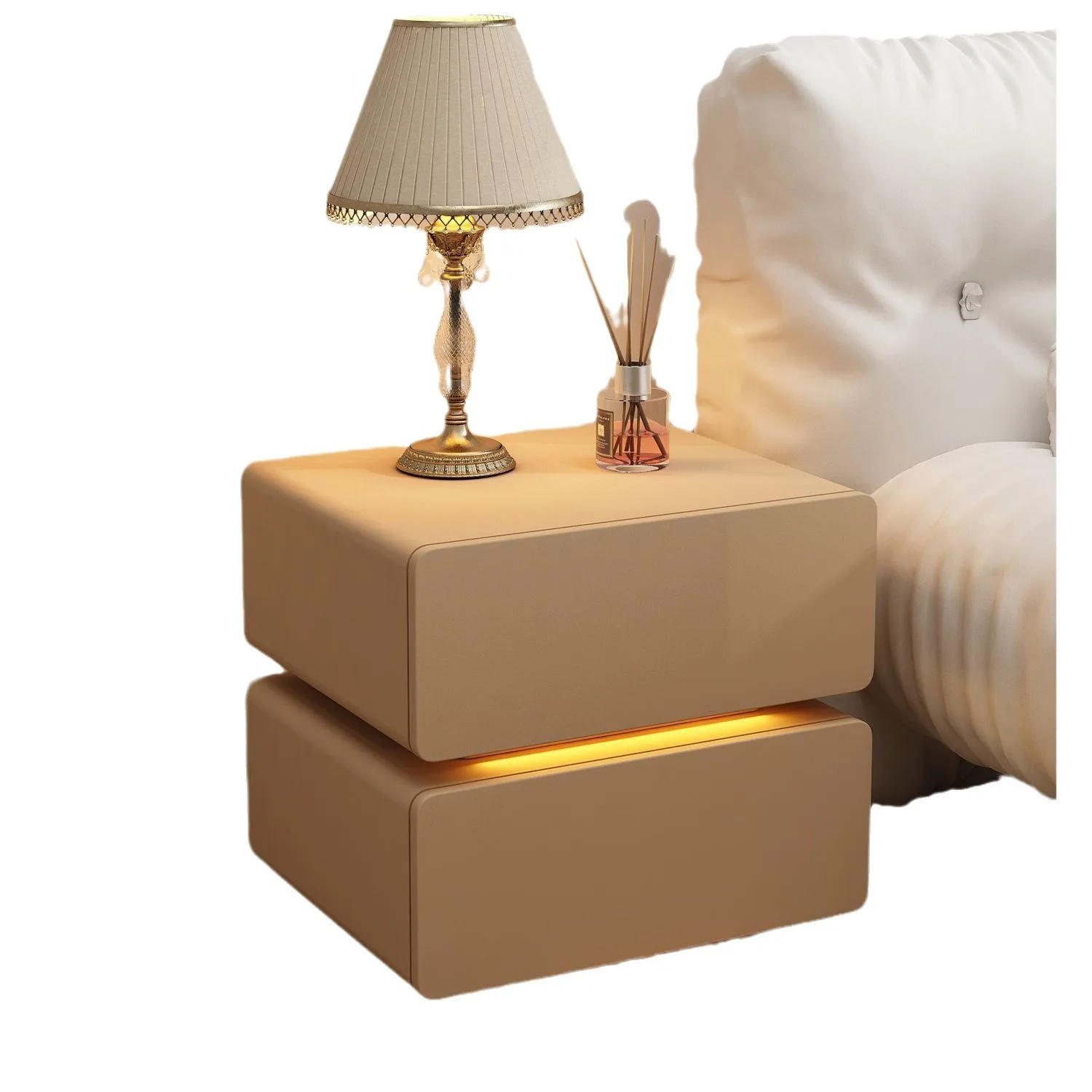 

Cream wind bedside table modern simple creative suspension bedside shelf home bedroom solid wood bedside storage cabinet