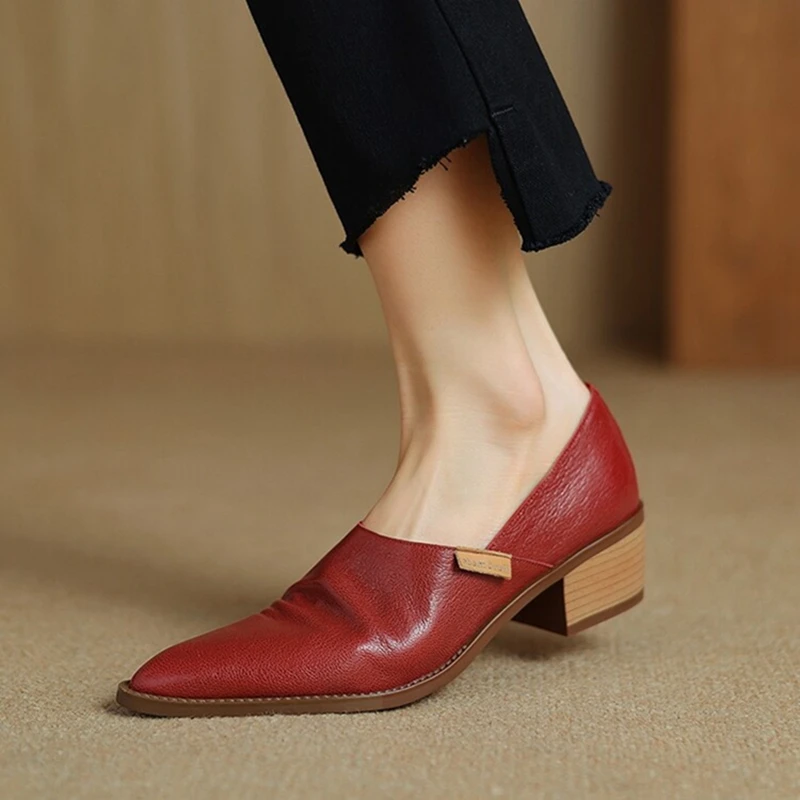 NEW Spring Women Loafers Pointed Toe Chunky Heel Shoes Genuine Leather Shoes for Women Concise High Heels Slip-on Women Pumps