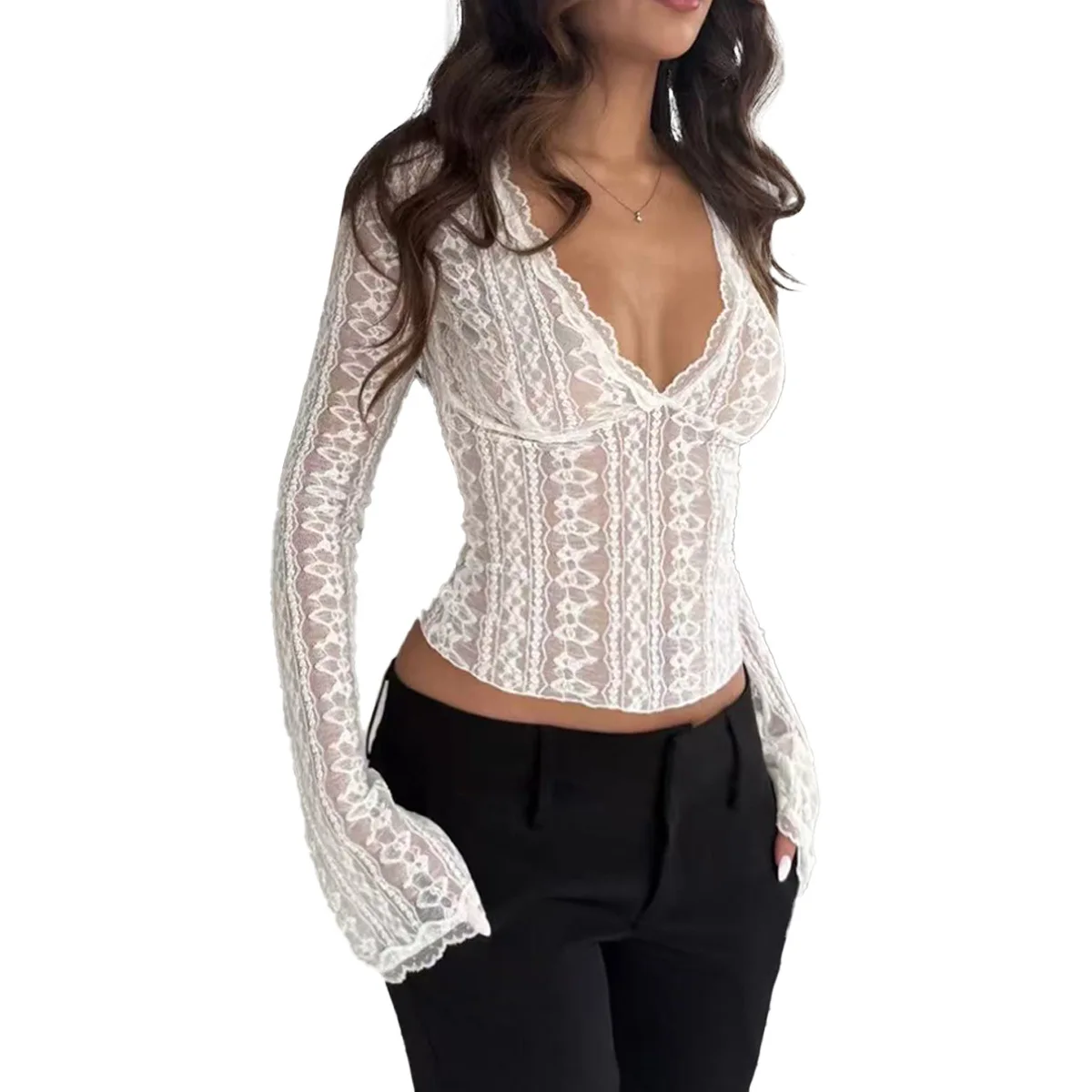여성 패션: 시스루 레이스 하프 브이넥 벨 슬리브 블라우스 긴 소매 - 섹시