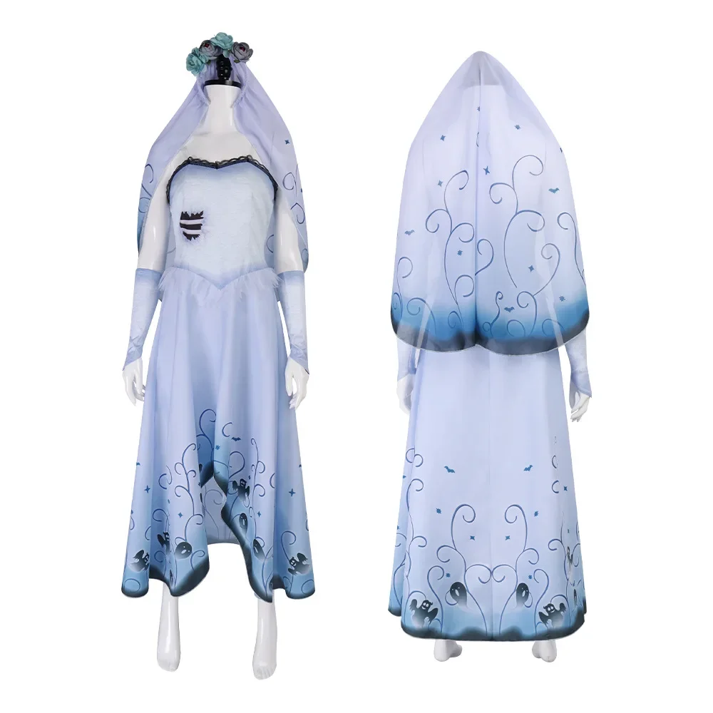 Disfraz de Emily de La Novia Cadáver para Halloween, Carnaval, Juego de Rol, Vestido Largo con Estampado de Princesa y Pañuelo para la Cabeza