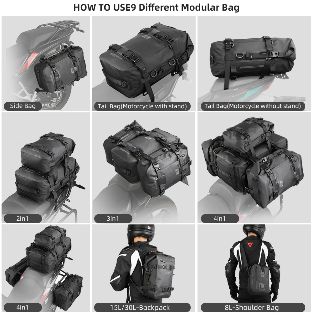 Rhinowalk Motorcycle Tail Bag Back Seat Bag 100% Waterproof Dry Cycling Backpack 8L/15L/30L For Long Distance Saddle Pack 1 PC