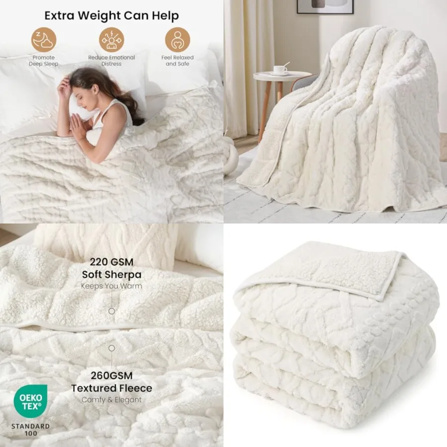

Weighted Blanket 15lbs Queen Size, Soft and Thick Jacquard Sherpa Heavy Blanket for Calming and Relax, Dual Sided Ultra Soft Fu