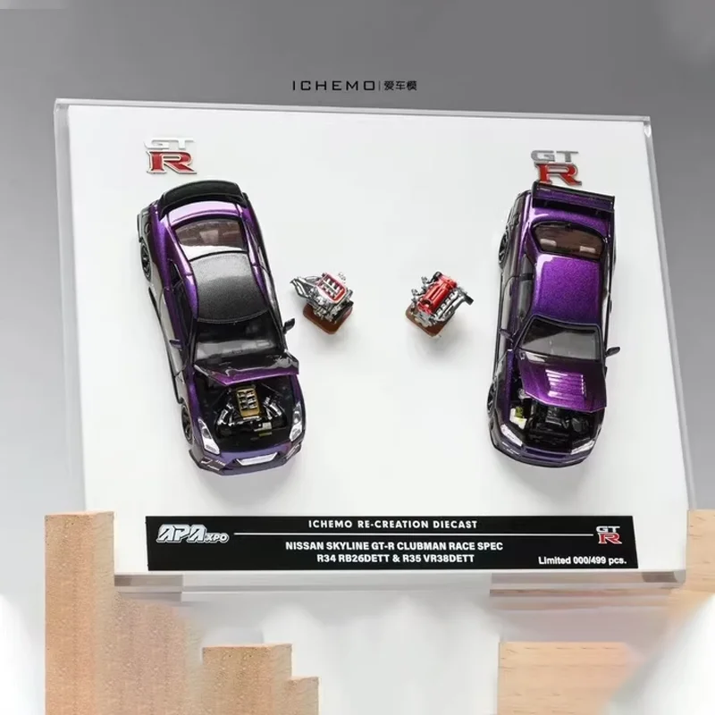 جديد في المخزون Ichemo 1:64 Nissan Skyline Gt-R R34/R35 Clubman Racing Edition مجموعة سيارة مزدوجة Allloy لعبة مخصصة مصغرة Diecast