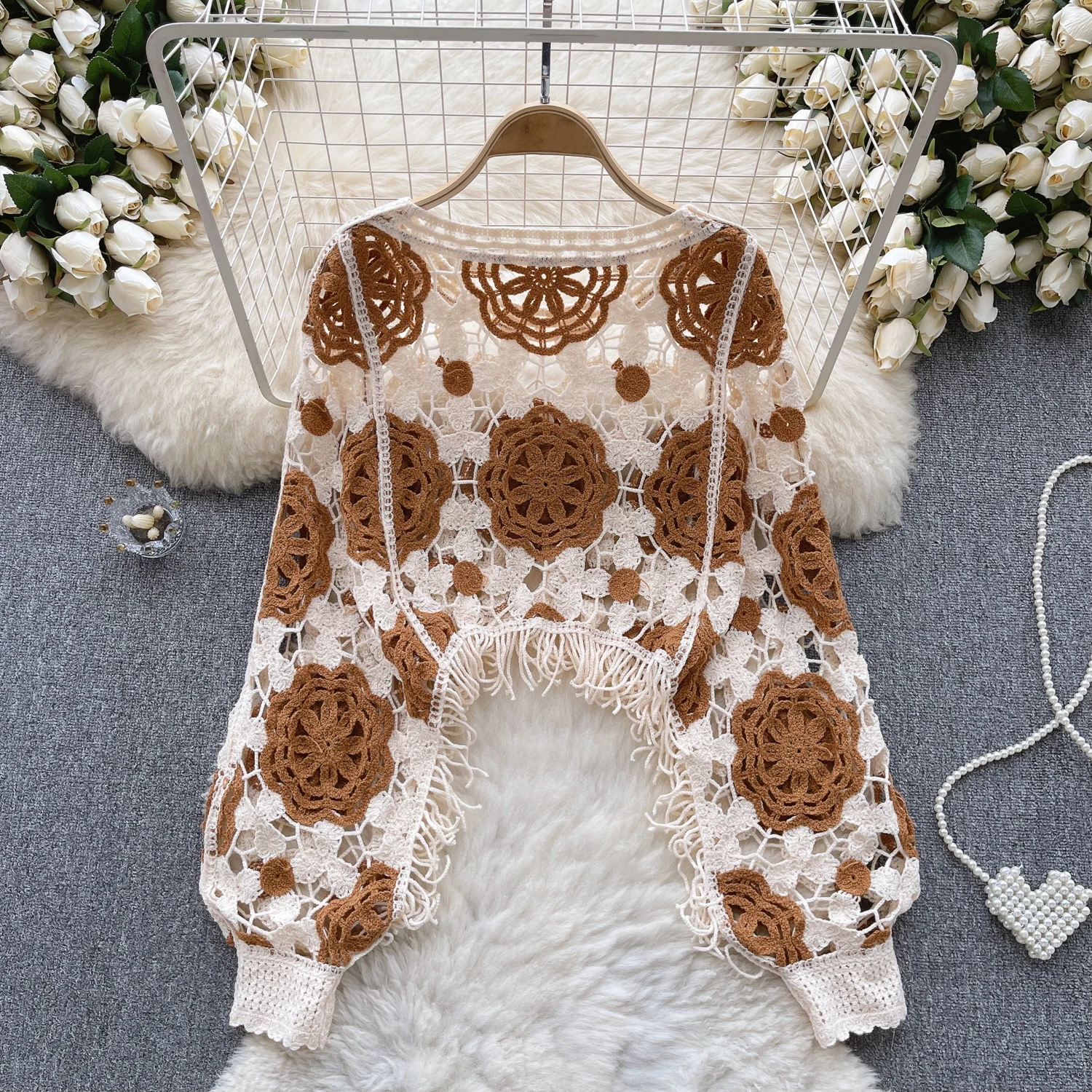 Chic Floral Long Batwing Sleeve Vintage Hollow Crochet Tassel Capes Blouse Fashion Tops Sexy Elegant Autumn Women Pullover