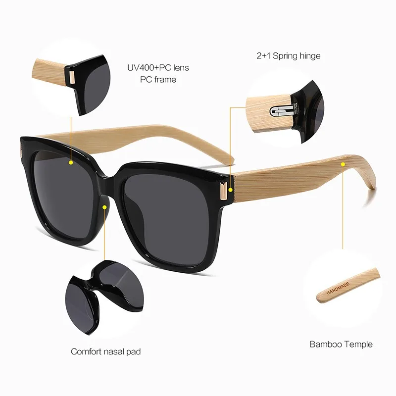 แว่นกันแดดทรงกรอบสีสันสดใส ทำมือ สำหรับผู้ชายและผู้หญิง เลนส์สะท้อนแสง ป้องกันรังสียูวี 400  วัสดุไม้ไผ่