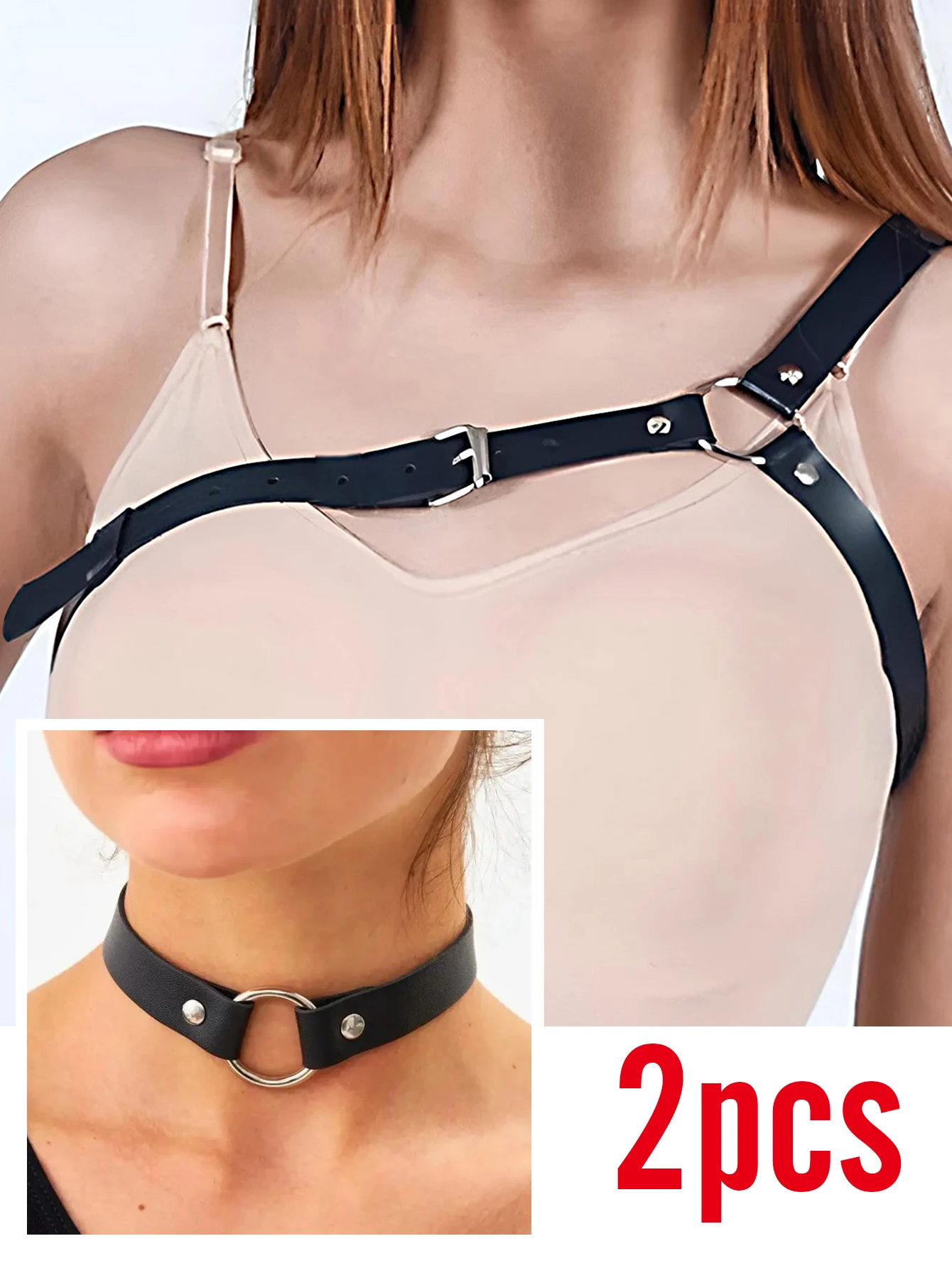 

Комплект из 2 предметов: женский пояс-чокер из искусственной кожи с O-образными кольцами, регулируемый, в стиле панк-готика, для ночных клубов и вечеринок