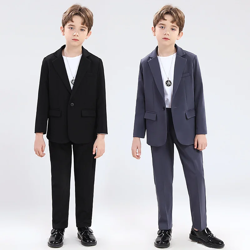 Spring Autumn Boys Solid Blazer Jacket Pants Suit Children Party Host Costume Teens Kids Performance Host Formal Sets Black Gray