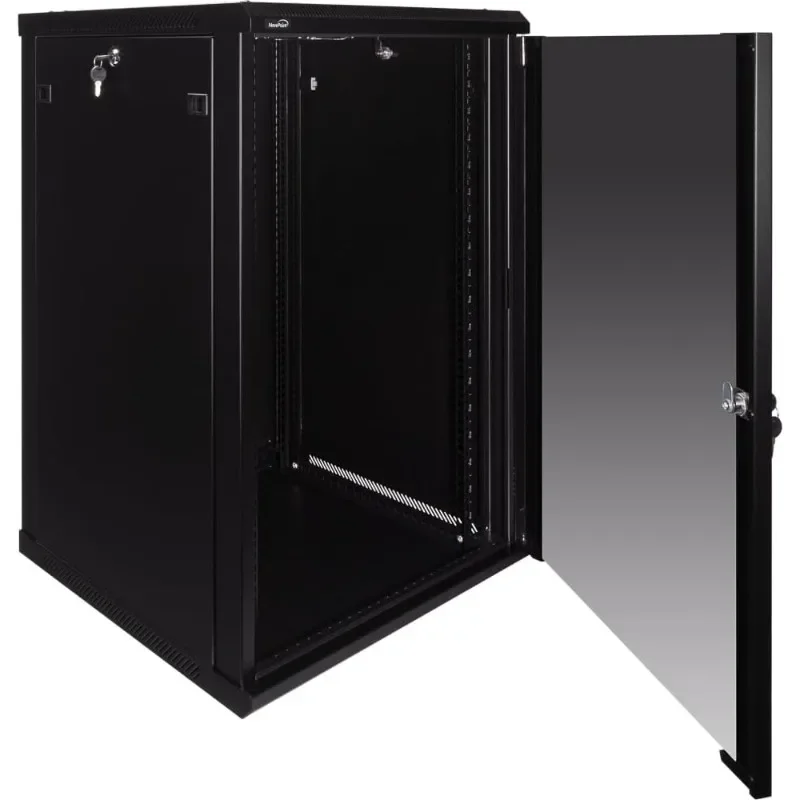 Gabinete de montagem em parede 18U Deluxe IT Rack de rede de servidor de 19 polegadas com porta de vidro com travamento 24 polegadas de profundidade preto