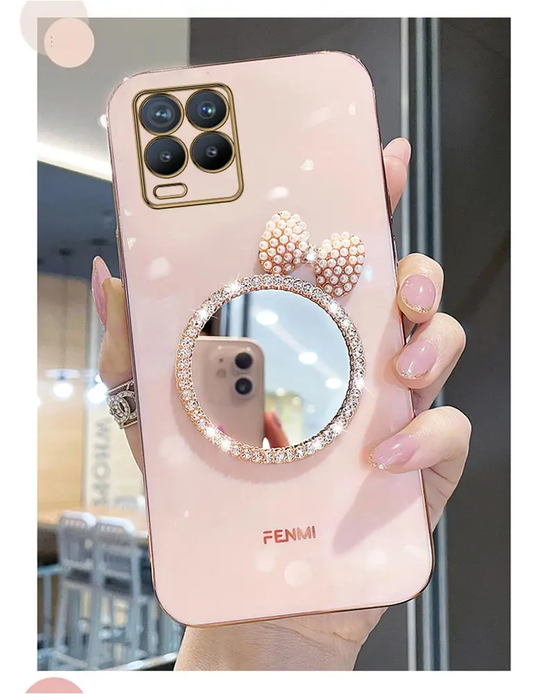 Make Up Mirror Diamond Bling Phone Case For Oppo Realme 8 Pro 5i 6i 8i 9 10 C20 C11 C21Y C25Y C30 C33 C35 C55 Stand Cover