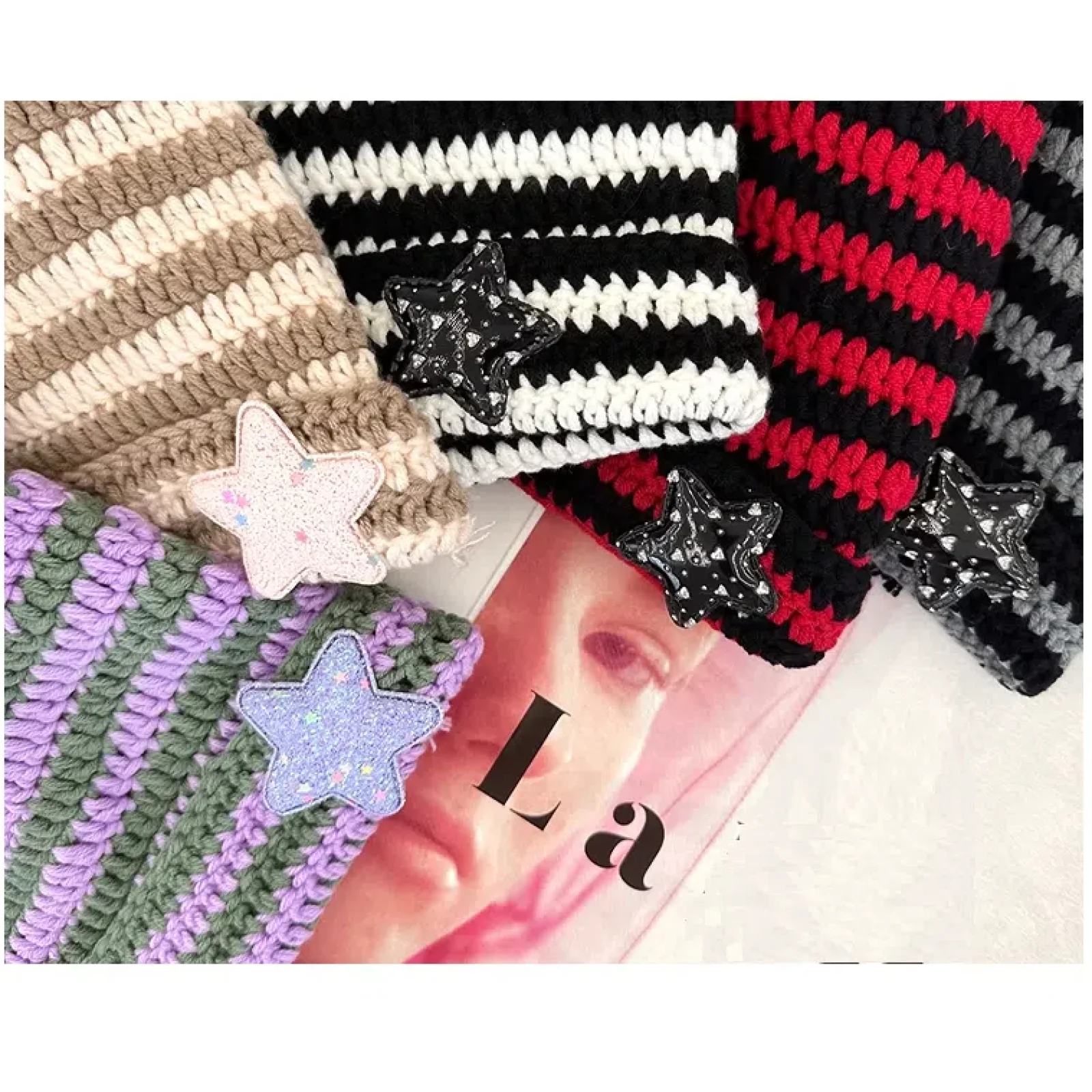 Devil striped knit hat with cute cat's ears and star decoration for women girls