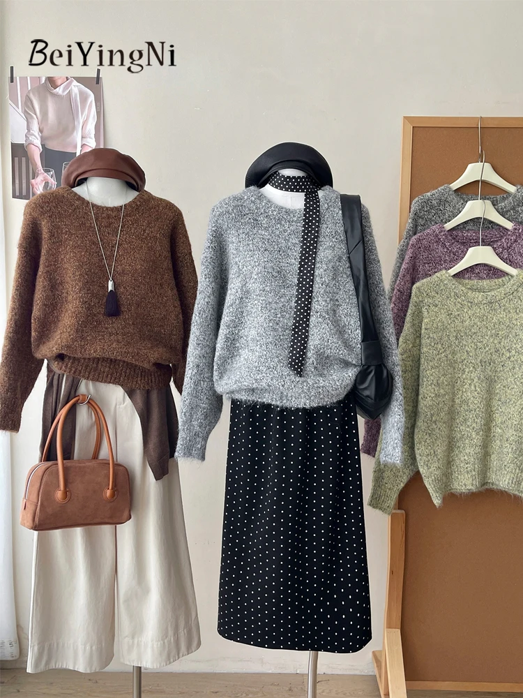 Beiyingni Vintage Casual Sweaters for Women Kpop Style Lazy Loose Knitted Tops Fall Winter Thick Pullover Woman's O-neck Jumper