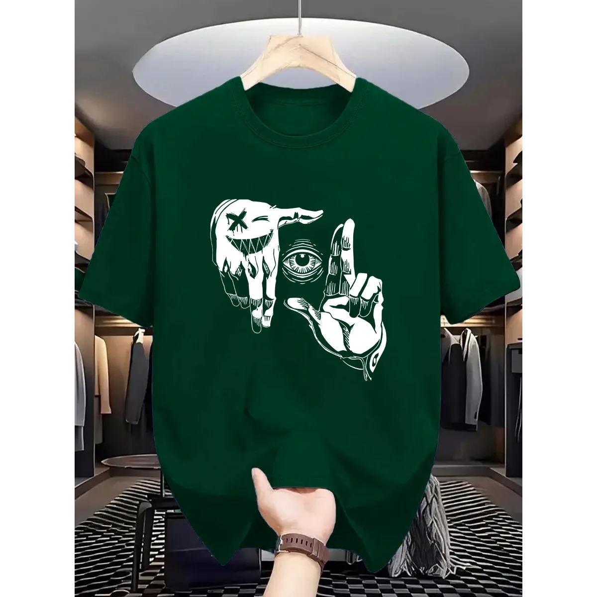 Summer men's 100% pure cotton casual loose plus size gesture eye personalized pattern printed round neck short sleeved T-shirt