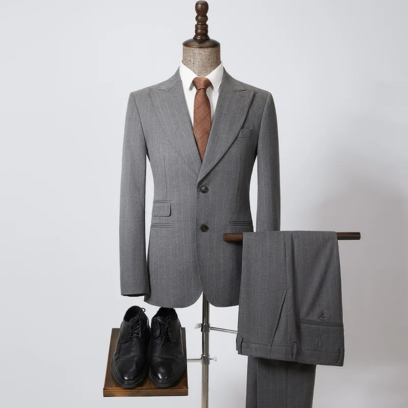 23 New Men's Suit Set Gray Striped Business Casual Korean Version Slim Fit Suit Two-piece Set