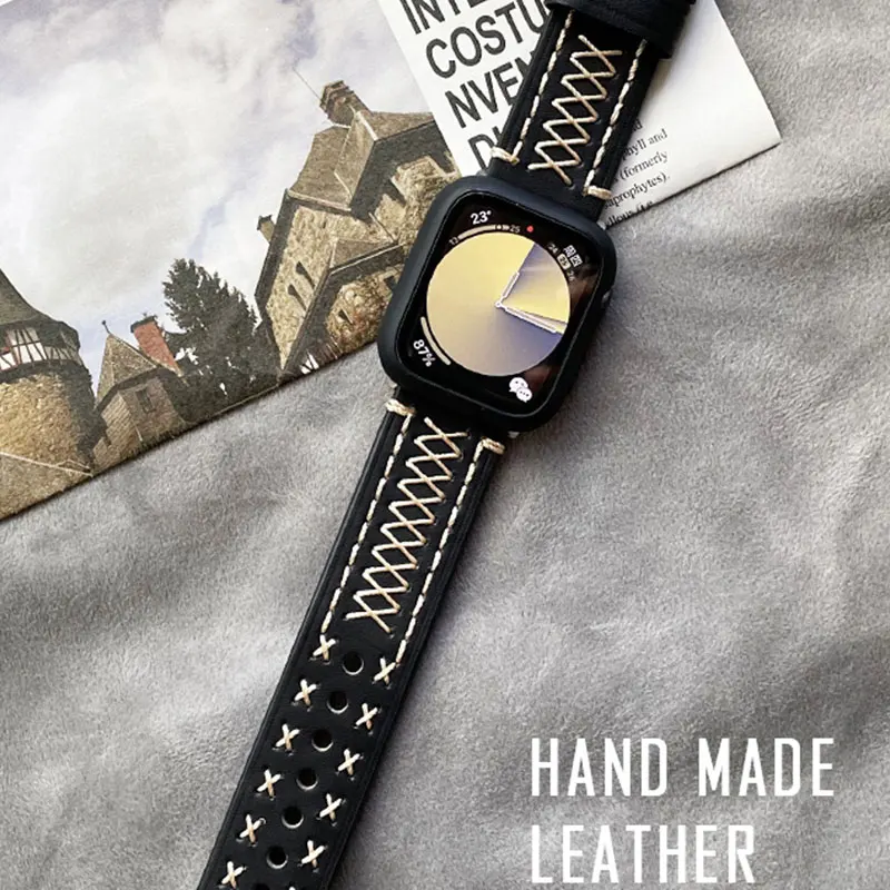 

Stitched Genuine leather strap for apple watch band 40mm 44mm 42mm iWatch band 38mm 41mm 45mm correa watch serie 7 6 5 4 3 SE