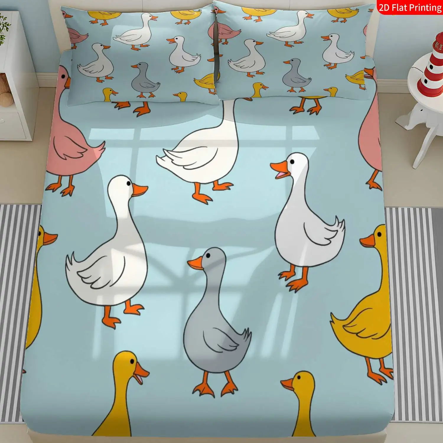 3-Piece Mattress Protector Set, 2D Flat Printed Fitted Sheet, Cute Animal Style, Duck Theme, Home Bedroom Decoration, Holiday-Themed Fitted Sheet and Pillowcase, Mattress Protector, Stain-Resistant, Mattress Cover, Suitable for All Seasons, Machine Washable, Easy to Care For, Universal for Home Bedrooms, Essential for Dorms and Rentals, Master Bedroom and Guest Room Decoration, Dust-Proof and Stain-Resistant, High Elasticity, Fits Various Sizes