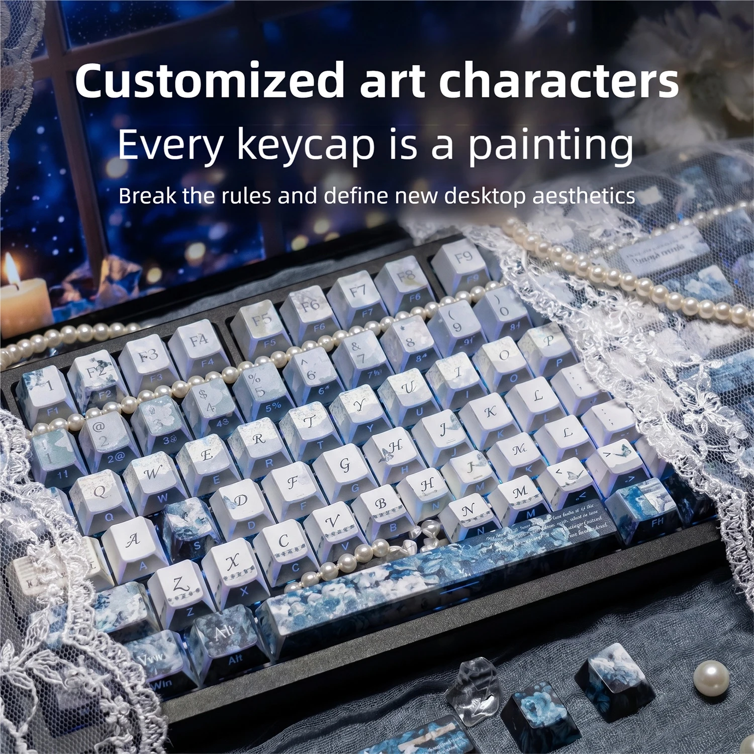 The soft dim night CHERRY Profile Shine Through Keycaps, Dual Color PBT 5-Side Dye-Sub Anti-Grease Custom Mechanical Keycaps