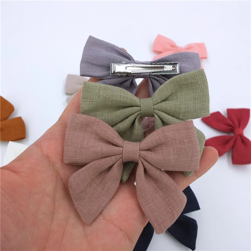 3.2\'\' Original Linen Bow Hair Clips Baby Girls Toddler Kids Sailor Hair Bow Alligator Clips Hair Grips Accessories